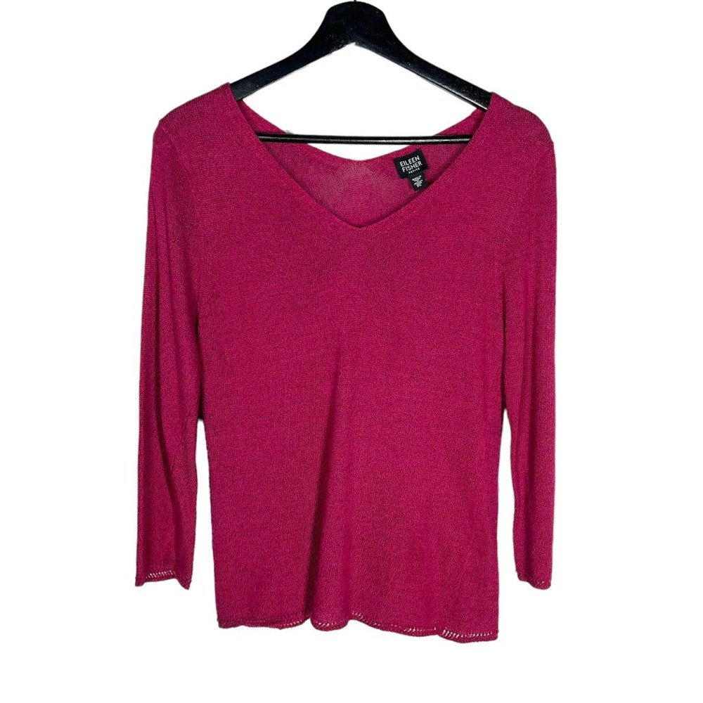 Eileen Fisher Red Purple Long Sleeve Linen Blend V Neck Knit Top Petite Large - Picture 1 of 7